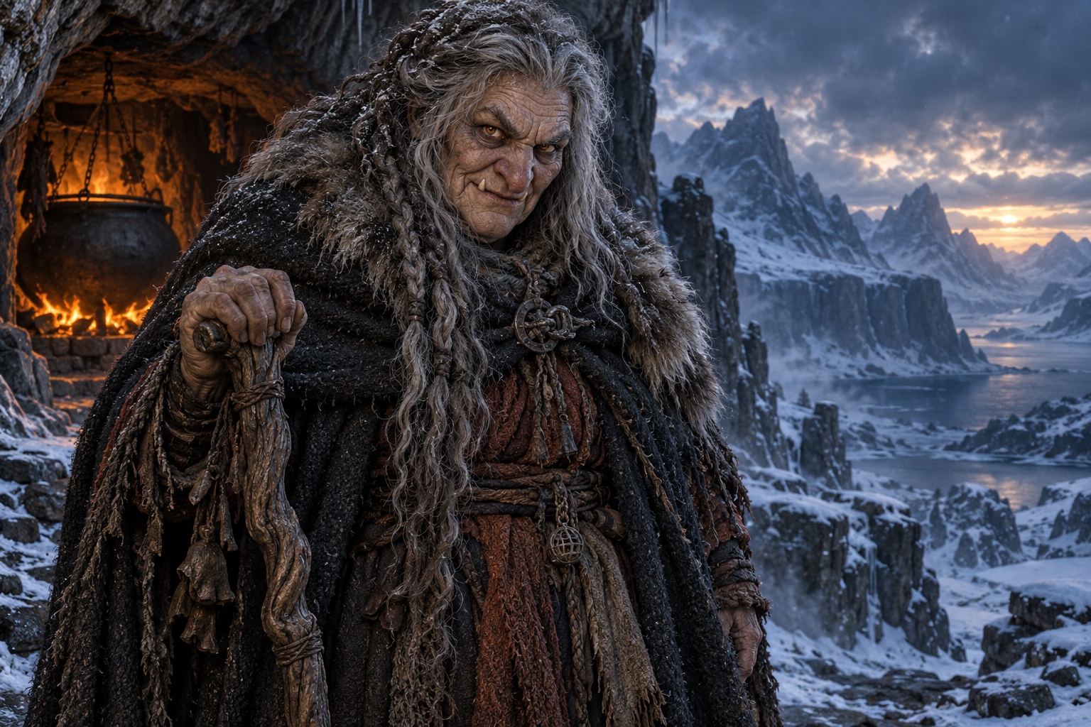 Vår illustration av Grýla vid sin grotta framför snöiga berg.